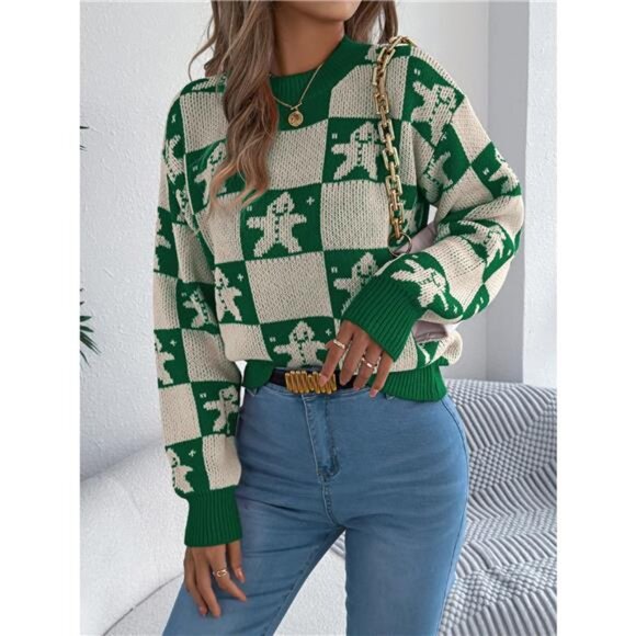 Christmas Checkerboard Gingerbread Round Neck Sweater
